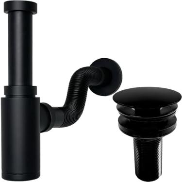 Imagem de Dona D Cor, Sifão Copo Preto Fosco 7/8 Pol Ajustável E Válvula Click 30mm Kit Banheiro Inox Sifao Metal Com Tubo De Saída Ajustável E Ralo Pia Lavatório