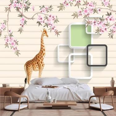 Imagem de Lcythiazole Papel de parede mural de girafa de tamanho personalizável, mural de papel de parede doméstico 3D, padrão de treliça quadrada de girafa de flor de ameixa, para sala de estar e quarto