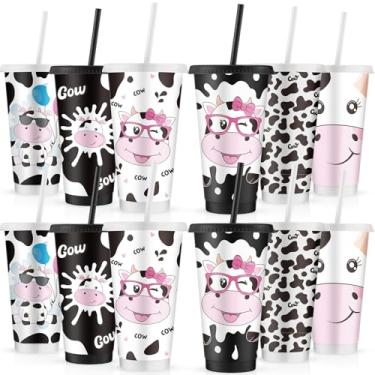 Imagem de Sweetude 12 peças de copos de plástico com estampa de vaca com tampa e canudo 680 g reutilizáveis de plástico com estampa de vaca decorações de festa para mulheres, decorações de animais de fazenda