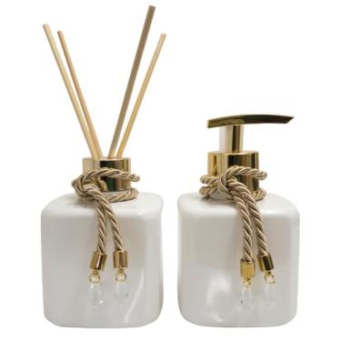 Imagem de Banheiro Kit Frasco Plástico Branco Aromatizador de Ambiente e Saboneteira 300ml Com Enfeite Lavabo