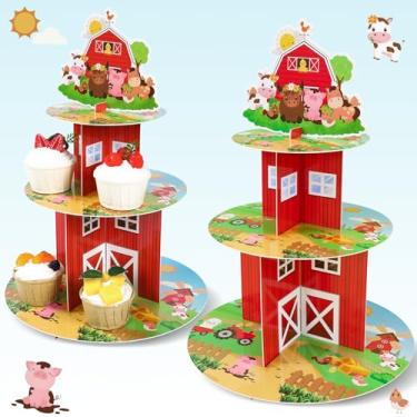 Imagem de Suporte de cupcake de fazenda de 3 níveis – 2 peças com tema de animais de fazenda, decorações de festa de aniversário, suporte de bolo de papelão, torre de sobremesa para crianças, celeiro, fazenda