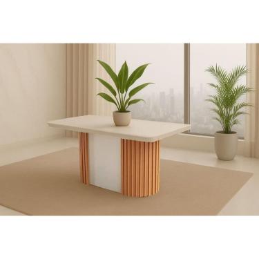 Imagem de Mesa de Sala Jantar Pilar c/ Tampo Madeirado c/ Vidro Canto Curvo 180X90cm Flex Naturale/Naturale ou Off White - Rufato