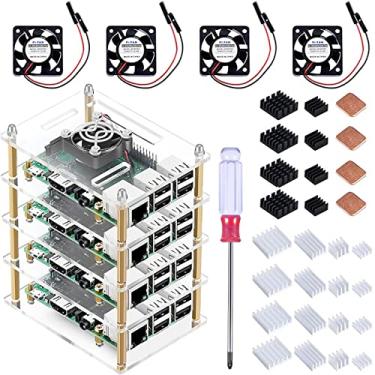 Imagem de DKARDU Capa de rack Pi para Raspberry Pi 4 modelo B, com ventilador de refrigeração e dissipador de calor Raspberry Pi 3 B, capa acrílica de 4 camadas para Raspberry Pi 4/3/2 modelo B