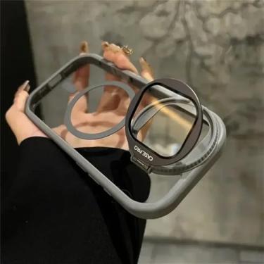 Imagem de Suporte de proteção de lente de câmera flip case magnético para iPhone 16 11 12 13 14 15 Pro Max Plus capa transparente cinza para iPhone 15 Plus