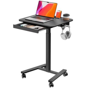 Imagem de JYLH JOYSEEKER Mesa móvel pequena com gaveta, carrinho de laptop com rodinhas de 59,9 x 50 cm, altura ajustável, estação de trabalho para computador com armazenamento para espaço compacto, preto