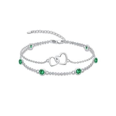 Imagem de Dorunmo Pulseira de pedra do mês de nascimento de coração para mulheres prata esterlina 925 joias de aniversário presentes para mulheres esposa, Anklet 9"-11", Prata esterlina, Base