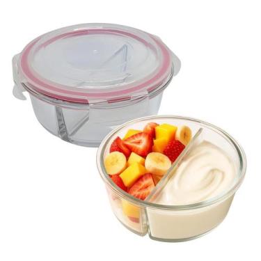 Imagem de Pote De Vidro Tampa Hermético Redondo Com Divisória Marmita Fit 4 Trav