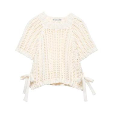 Imagem de Suéter Feminino De Tricô Grosso Cropped Com Gola O, Manga Curta, Detal