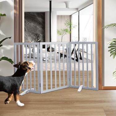 Imagem de ZJSF Portão interno independente para cães para casa, portão dobrável de madeira para filhotes, portão de animais de estimação para escadas, cerca extra larga para animais de estimação, cinza, 81 cm