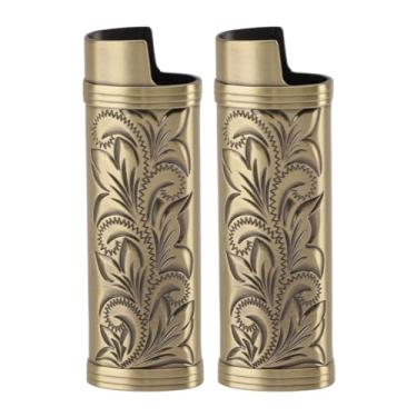 Imagem de 2 peças capa de isqueiro liga de zinco estilo vintage capa protetora para acampamento ao ar livre caminhadas padrão floral recipiente de armazenamento isqueiro (Bronze)