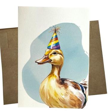 Imagem de Cartão de aniversário de pato, em branco dentro, papel de feltro premium, 12 x 18 cm, envelope kraft, mala postal protegida, feito nos EUA - 1267