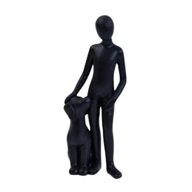 Imagem de Fenteer Estatueta de resina de homem e cachorro, acessório de decoração para casa, fofa para donos de animais de estimação, escultura de vínculo emocional, Preto