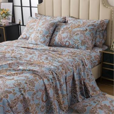 Imagem de FADFAY Jogo de lençol Queen, vintage azul paisley, 4 peças, 100% algodão, lençol com elástico profundo macio e respirável, estilo clássico e elegante para todas as estações