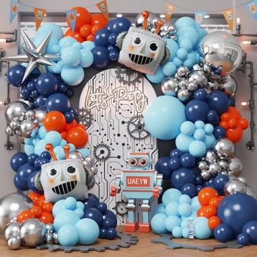 Imagem de Kit de arco de balão robô de 150 peças com balões metálicos de robô e estrela de explosão - azul, prata, laranja, suprimentos de arco de balões para robótica para festas, aniversário com tema de