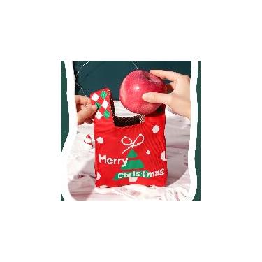 Imagem de 1 bolsa de presente de Natal, sacos de malha vermelha com bolinhas e laço xadrez, sacos de lembrancinha de tecido reutilizável para embrulho de presentes de Natal, doces, maçã, vermelho