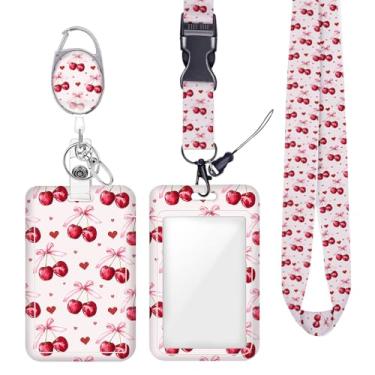 Imagem de Cordão de crachá de identificação de cereja com laço rosa para crachás de identificação, chaveiro, protetor vertical, mosquetão, clipes retráteis, cordão de chave resistente para mulheres e meninas