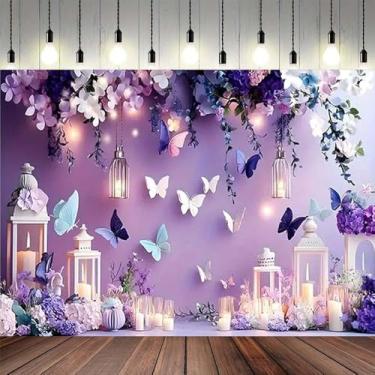 Imagem de Pano de fundo floral borboleta primavera feliz aniversário para meninas, decoração de festa de aniversário, banner, mesa de bolo, chá, sessão de fotos, cenários (B, 2,8 x 1,5 m)