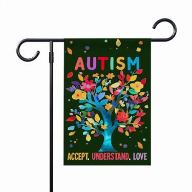 Imagem de Bandeira de jardim Autism Accept Understand Love - Bandeira de conscientização do autismo - Presentes de inauguração - Árvore de apoio inspiradora - Decoração ao ar livre e terraços de jardim - Banner