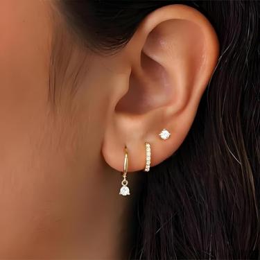 Imagem de Conjunto de 3 brincos de argola de ouro vintage - brincos delicados e minúsculos de zircônia cúbica, banhados a ouro 14K, leve e hipoalergênico, presente de joias modernas, adequado para mulheres