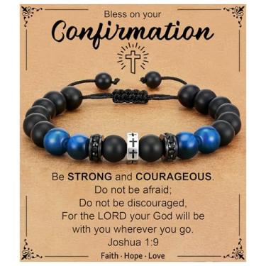 Imagem de Esrial Pulseira de cruz para homens, presentes de Natal para homens, pulseira de contas cruzadas, aniversário, batismo, presentes cristãos para filho, neto, irmão, sobrinho, 5.5in, Cobre, Ágata