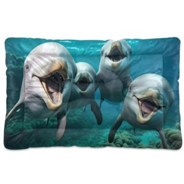 Imagem de Wassud Cama de cachorro pequeno lavável com golfinhos fofos, tapetes para cães pequenos, almofada portátil macia para animais de estimação, cama antiderrapante para cães e gatos, almofada confortável