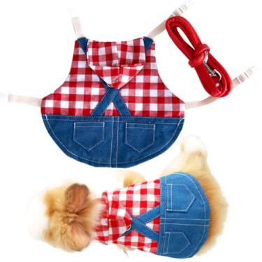 Imagem de Conjunto de roupas e coleira de coelho de estimação jeans patchwork feito à mão, moletom com capuz xadrez adequado para coelhos, porquinhos-da-índia, furões, filhotes e outros animais pequenos (G)