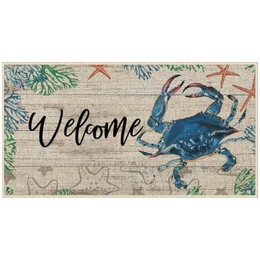 Imagem de Dlzdn Tapete de verão azul caranguejo para férias, mar, verão, praia, litoral, bem-vindo, antiderrapante, com revestimento de borracha, para entrada interna e externa, piso 40 x 76 cm