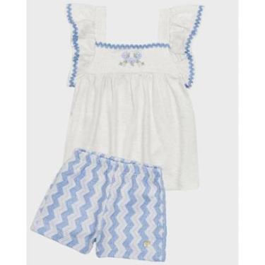 Imagem de Conjunto blusa bordada shorts de linho e look leve verão delicado - Rosa e Azul - Bebê 3 a 18 meses-Feminino