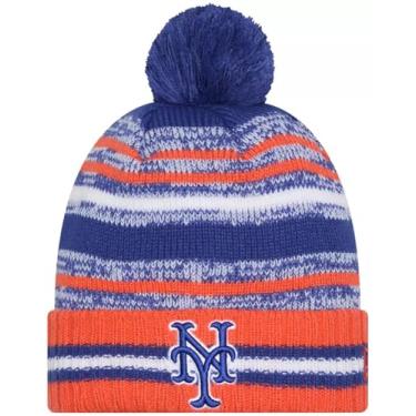 Imagem de Gorro de beisebol New York Mets Onfield esportivo listrado laranja com punho pompom - MLB Cheer Cuff Knit Cap