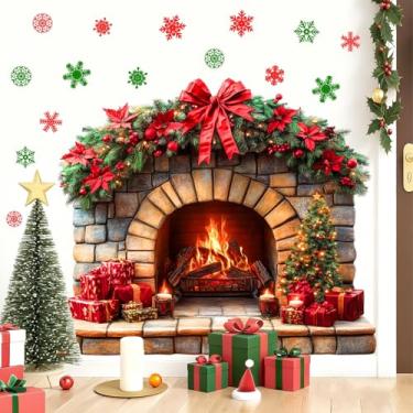 Imagem de Adesivos de decoração de parede de Natal, decalques grandes de lareira para decoração de parede de casa interna, descasque e cole murais de arte de Natal para sala de estar, flocos de neve, adesivo de