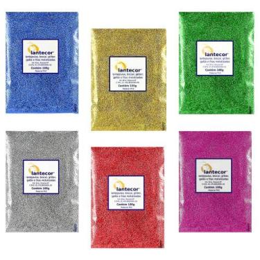 Imagem de Kit 06 Glitter de PVC Metalizado Pacote c/ 100g Lantecor  Brilho  Arte