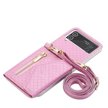 Imagem de Capa de celular transversal para Samsung Galaxy Z Flip 4 5G Flip4 Geométrico compartimento para cartões de crédito capa traseira de couro com cordão, rosa, para Galaxy Z Flip4 5G