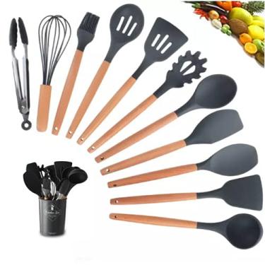 Imagem de Jogo 12 peças Silicone/Madeira Talher Escumadeira Utensilio Cozinha (Preto)