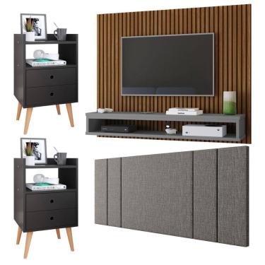Imagem de Painel Ripado Freijó Tv 50 Polegadas Cissa Cabeceira Cama Box Casal Luana1,40 Cinza Linho Kit 2 Mesinhas Quarto Gaveta Nicho Dream Preto – RPM