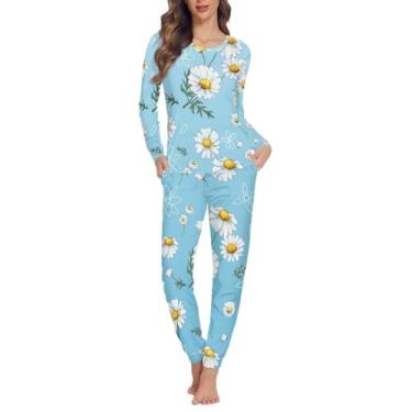 Imagem de Gzzxiailg Pijama feminino de manga comprida com bolsos, conjunto macio de duas peças para meninas tamanho PP-6GG, Margarida, X-Small