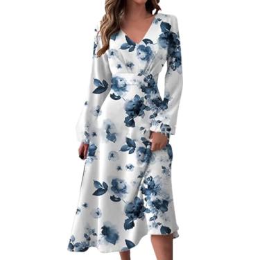 Imagem de Elogoog Vestido feminino rodado rodado cintura elástica manga longa decote V floral vestido de sol primavera verão para mulheres 2024, Branco, P