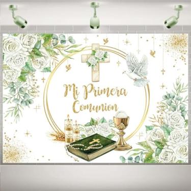 Imagem de Fundo fotográfico Mi Primera Comunion Flor branca pombas My First Communion decoração pano de fundo folhas verdes cruz God Bless fundo recém-nascido chá de bebê banner (20 x 1,5 m)