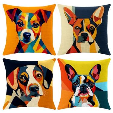 Imagem de BVBOX Pacote de 4 capas de almofada quadradas - fronhas decorativas macias para sofá, sofá, pátio, quarto - padrão colorido moderno 45 x 45 cm (Cães, 18 x 18)