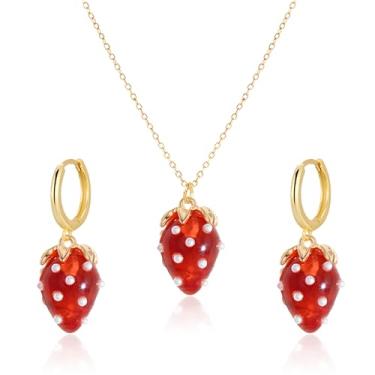 Imagem de QLYOVWE Conjunto de joias 3D de morango vermelho para mulheres, lindos brincos de pérola doce e fruta, colar exclusivo de morango, Natal, aniversário, declaração, joias estéticas, presentes com