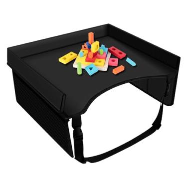 Imagem de Bandeja de viagem para crianças, dobrável, bandeja de mesa para assento de carro infantil, com alça de ombro ajustável e bolso para carro, para crianças, viagens, aviões ao ar livre, 38 x 30 cm (preta