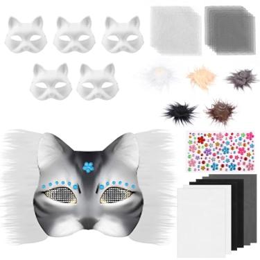 Imagem de DJAPWPX Kit de máscara de gato de papel, aumenta a diversão, kit de máscara faça você mesmo, estimula a criatividade de gato atraente para festas temáticas (cinza escuro)