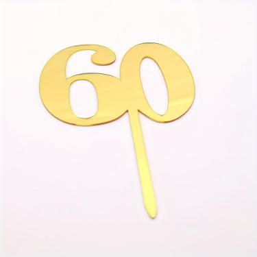 Imagem de 1 peça de topo de bolo número acrílico acabamento espelhado dourado 18 40 50 60 70, decoração de festa de aniversário, sobremesa de feriado de casamento, dourado, 60