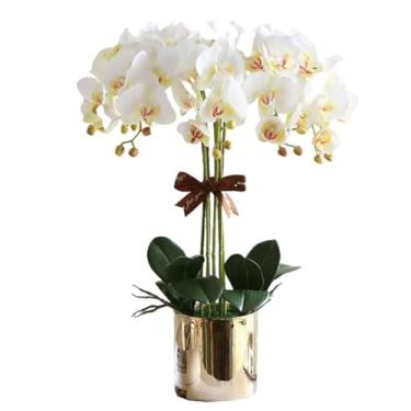 Imagem de YYBOES Flor Artificial com Vaso de Flores Gouden Orquídeas Falsas Pu Phalaenopsis Flores Artificiais 12 Ramos Orquídea Artificial