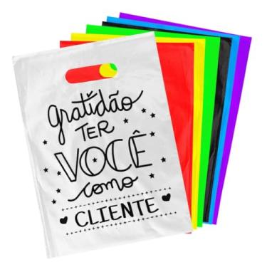 Imagem de Kit 100 Sacolas Plasticas Boca de Palhaço 30x40 Gratidão Personalizadas