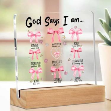 Imagem de Placa acrílica cristã de laço rosa com suporte, presentes cristãos para mulheres, decorações de mesa motivacionais, presentes inspiradores para mulheres, amigas, colegas de trabalho