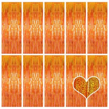Imagem de Pacote com 10 cortinas de fundo laranja 1 m x 2,5 m cortinas metálicas de franja de folha de estanho para fotos para decoração de festa de aniversário, chá de bebê, noivado, casamento, decoração de