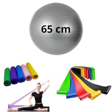 Imagem de Kit Bola Suíça Pilates 65cm com Faixa Elástica e 5 Mini Bands Treino Funcional Yoga Fisioterapia (Cinza)
