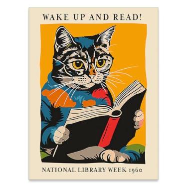 Imagem de FoxUncle Livro de leitura de gato fofo arte de parede citações livros vintage meados do século impressões em tela animal presentes para amantes de gatos presentes para biblioteca quarto decoração de