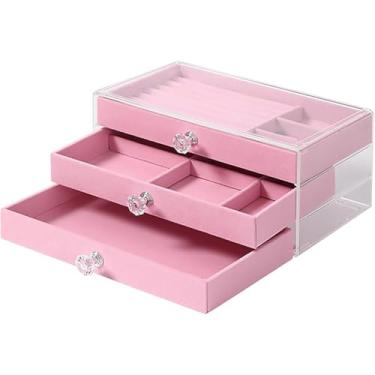 Imagem de CADWON Organizador de joias de veludo acrílico, anéis de brinco, colares, pulseiras, estojo de exibição de presente com 3 gavetas para mulheres (rosa, 1 peça)