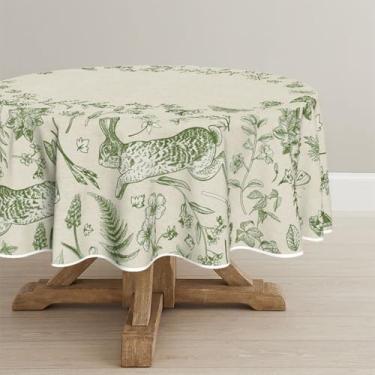 Imagem de Horaldaily Toalha de mesa redonda de Páscoa, 152 x 152 cm, bege, coelhinho da Páscoa, verde, samambaia, flores laváveis, para decoração de festa, piquenique, jantar